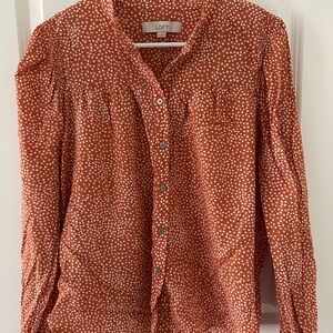 LOFT Women's Rust Button Down Shirt with White Dots
